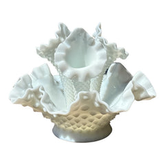 Vintage Fenton Milk Glass Hobnail Three Horn Epergne Vase