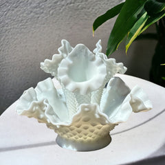 Vintage Fenton Milk Glass Hobnail Three Horn Epergne Vase