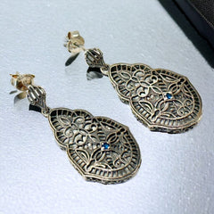 Vintage Edwardian Revival Sterling Silver & Blue Sapphire Filigree Pierced Earrings