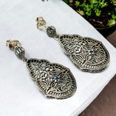 Vintage Edwardian Revival Sterling Silver & Blue Sapphire Filigree Pierced Earrings