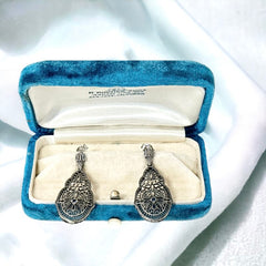 Vintage Edwardian Revival Sterling Silver & Blue Sapphire Filigree Pierced Earrings