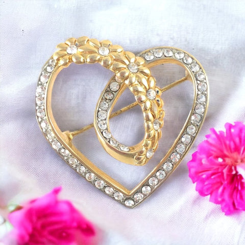 Vintage Pave Rhinestones Flower Heart Brooch