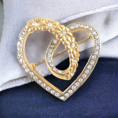 Vintage Pave Rhinestones Flower Heart Brooch