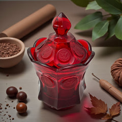 Vintage Fostoria Ruby Red Coin Glass candy dish with lid, featuring embossed coin medallions and a pointed finial; shown in rich red pressed glass with original Fostoria sticker, styled to highlight its collectible elegance and mid-century provenance.