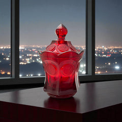 Vintage Fostoria Ruby Red Coin Glass candy dish with lid, featuring embossed coin medallions and a pointed finial; shown in rich red pressed glass with original Fostoria sticker, styled to highlight its collectible elegance and mid-century provenance.