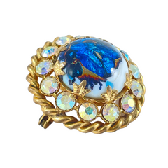 Vintage French Blue Art Glass Cabochon &amp; AB Rhinestones Gold Tone Round Brooch