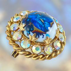 Vintage French Blue Art Glass Cabochon &amp; AB Rhinestones Gold Tone Round Brooch