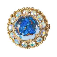 Vintage French Blue Art Glass Cabochon &amp; AB Rhinestones Gold Tone Round Brooch