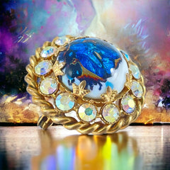 Vintage French Blue Art Glass Cabochon &amp; AB Rhinestones Gold Tone Round Brooch