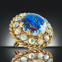 Vintage French Blue Art Glass Cabochon &amp; AB Rhinestones Gold Tone Round Brooch