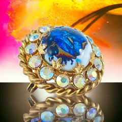 Vintage French Blue Art Glass Cabochon &amp; AB Rhinestones Gold Tone Round Brooch