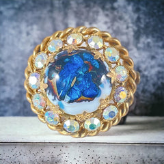 Vintage French Blue Art Glass Cabochon &amp; AB Rhinestones Gold Tone Round Brooch