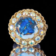 Vintage French Blue Art Glass Cabochon &amp; AB Rhinestones Gold Tone Round Brooch