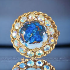 Vintage French Blue Art Glass Cabochon &amp; AB Rhinestones Gold Tone Round Brooch