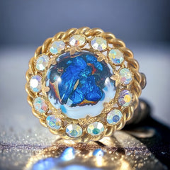 Vintage French Blue Art Glass Cabochon &amp; AB Rhinestones Gold Tone Round Brooch