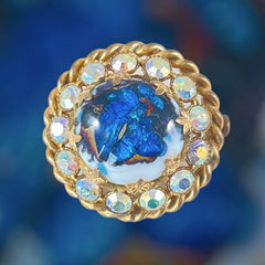 Vintage French Blue Art Glass Cabochon &amp; AB Rhinestones Gold Tone Round Brooch