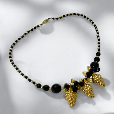 Vintage French Black and Gold Grapes Beaded Necklace (1970s-80s)