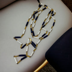 Vintage French Rope Length Necklace with Lapis Blue & White Beads - 1980s