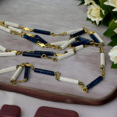 Vintage French Rope Length Necklace with Lapis Blue & White Beads - 1980s