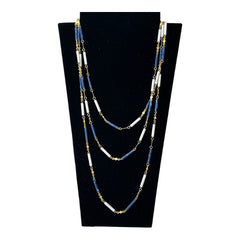 Vintage French Rope Length Necklace with Lapis Blue & White Beads - 1980s