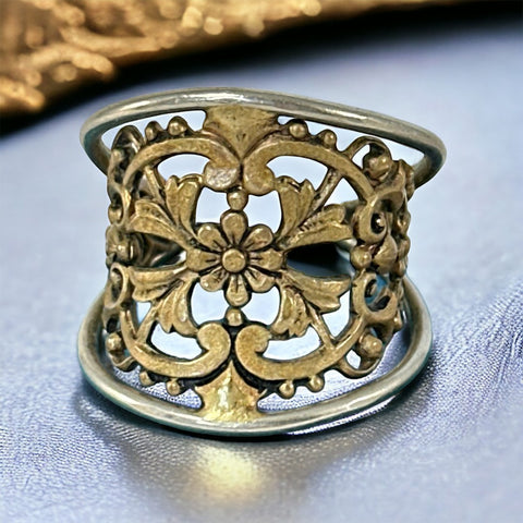 Vintage French Ornate Brass Floral Ring