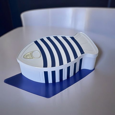 French Coastal Charm Fish-Shaped Tin Box | Blue and White Stripes Fish Metal Box