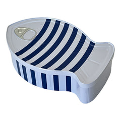 French Coastal Charm Fish-Shaped Tin Box | Blue and White Stripes Fish Metal Box