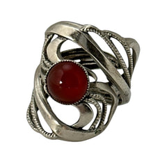 Vintage French Open Work Textured Silver Tone Ring with Faux Carnelian Glass Cabochon | 1980's Jewelry