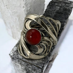 Vintage French Open Work Textured Silver Tone Ring with Faux Carnelian Glass Cabochon | 1980's Jewelry