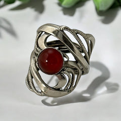 Vintage French Open Work Textured Silver Tone Ring with Faux Carnelian Glass Cabochon | 1980's Jewelry