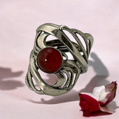 Vintage French Open Work Textured Silver Tone Ring with Faux Carnelian Glass Cabochon | 1980's Jewelry