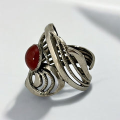 Vintage French Open Work Textured Silver Tone Ring with Faux Carnelian Glass Cabochon | 1980's Jewelry