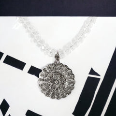 Vintage French Filigree Signed Pendant &amp; Rock Crystal Necklace, French Designer One-of-a-Kind Necklace