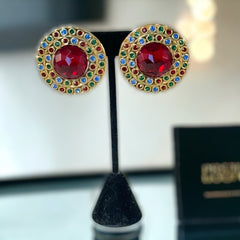 Vintage French Runway Style Red Cabochon Rhinestone Earrings
