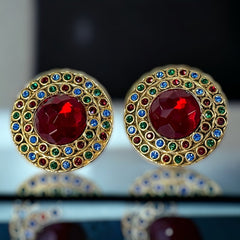 Vintage French Runway Style Red Cabochon Rhinestone Earrings