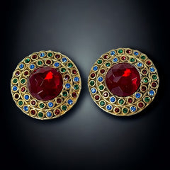 Vintage French Runway Style Red Cabochon Rhinestone Earrings