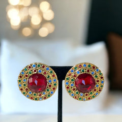 Vintage French Runway Style Red Cabochon Rhinestone Earrings