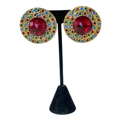 Vintage French Runway Style Red Cabochon Rhinestone Earrings