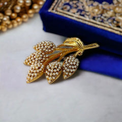 Vintage Faux Seed Pearls Gold Tone Floral Spray Brooch