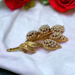 Vintage Faux Seed Pearls Gold Tone Floral Spray Brooch