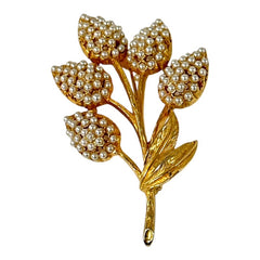 Vintage Faux Seed Pearls Gold Tone Floral Spray Brooch