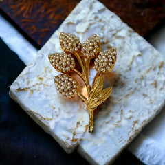 Vintage Faux Seed Pearls Gold Tone Floral Spray Brooch