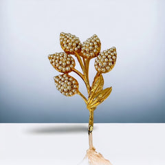 Vintage Faux Seed Pearls Gold Tone Floral Spray Brooch