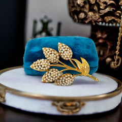 Vintage Faux Seed Pearls Gold Tone Floral Spray Brooch