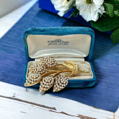 Vintage Faux Seed Pearls Gold Tone Floral Spray Brooch