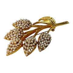 Vintage Faux Seed Pearls Gold Tone Floral Spray Brooch