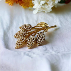 Vintage Faux Seed Pearls Gold Tone Floral Spray Brooch