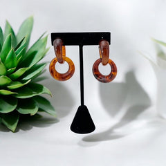 Vintage 1960s French Faux Tortoise Shell Dangle Clip-On Earrings - Modern Look, Patented "B. SGDG Depose"