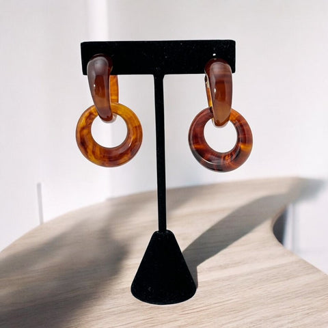 Vintage 1960s French Faux Tortoise Shell Dangle Clip-On Earrings - Modern Look, Patented "B. SGDG Depose"