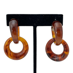 Vintage 1960s French Faux Tortoise Shell Dangle Clip-On Earrings - Modern Look, Patented "B. SGDG Depose"